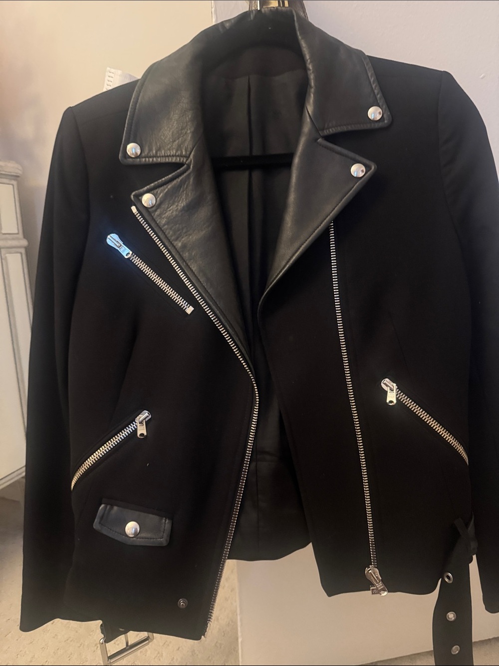 The Kooples Black Leather-Trim Moto Jacket